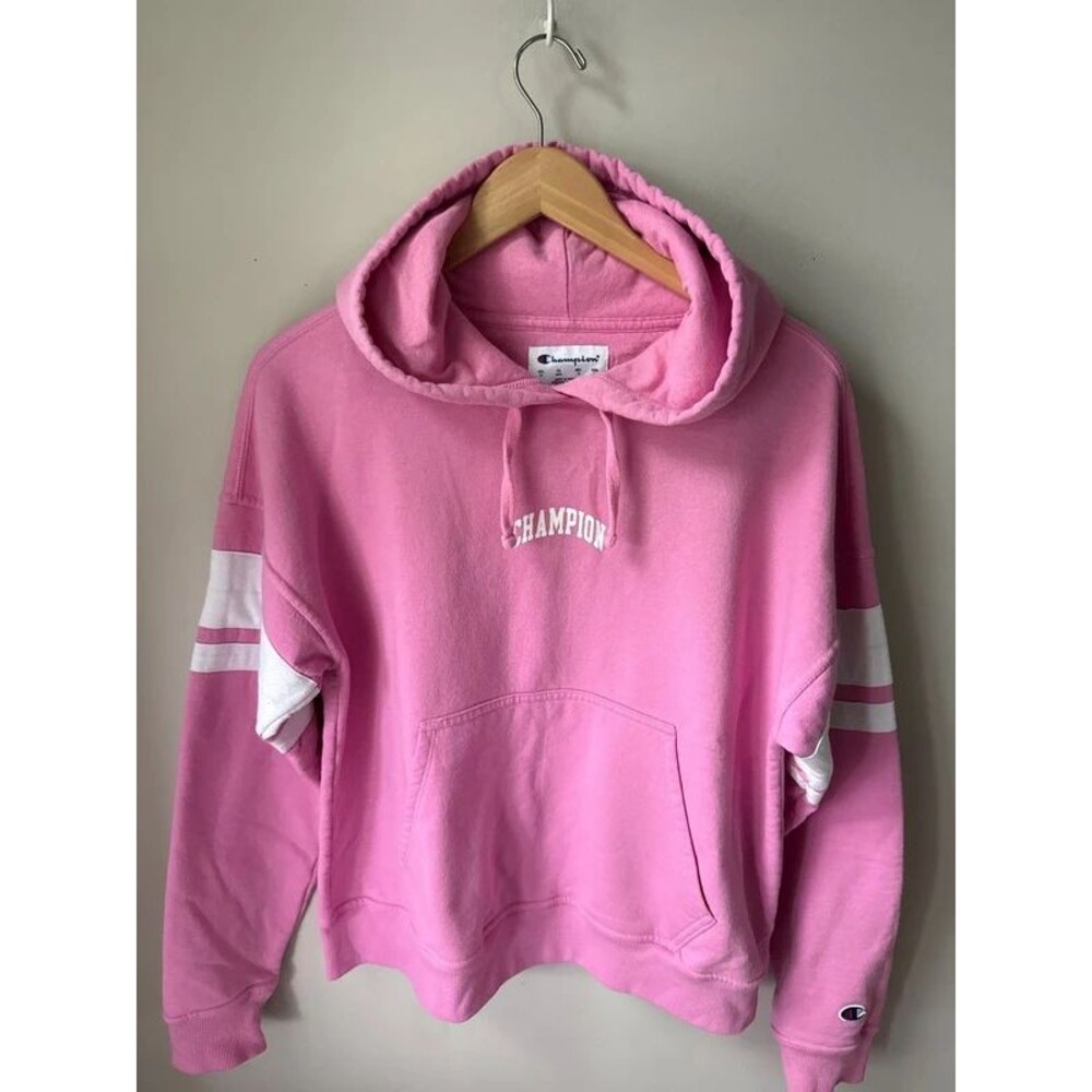 Champion Pink Varsity Stripe Pullover Hoodie Medium